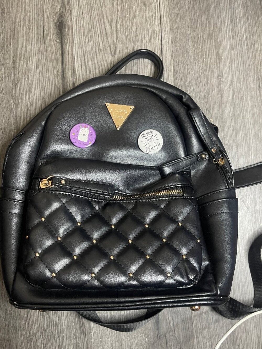 Guess Cessily Quilted Backpack OS Black Leather Gold Tone Hardware Llama Pins